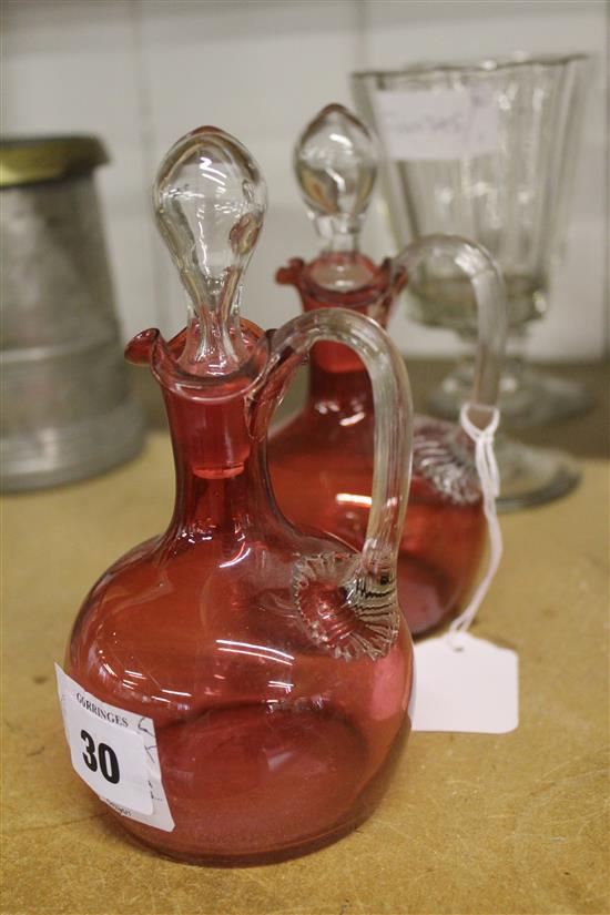 Pair of rummers and a pair of cranberry oils & vinegars